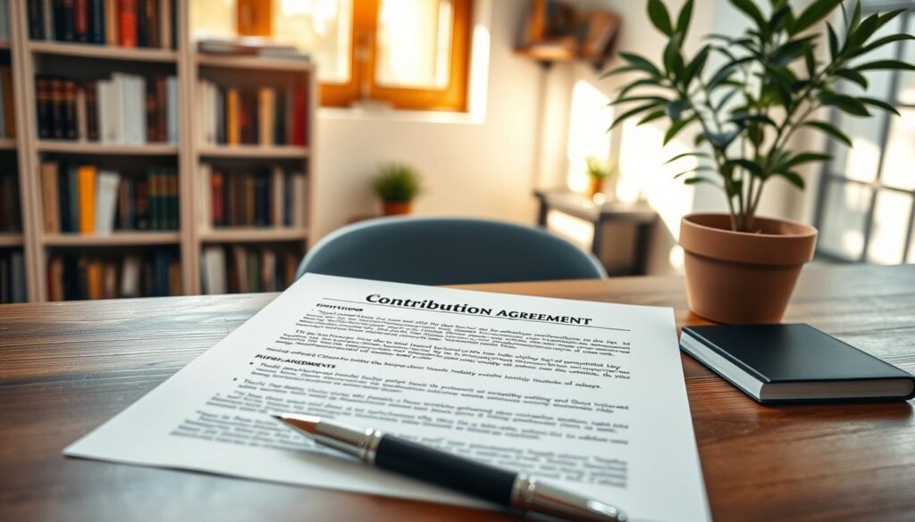 A professional editorship contributor agreement document, prominently placed on a wooden desk, showcasing organized sections and headers clearly visible but without any textual information. The document features a signature line and bullet points about deliverables, surrounded by a tasteful pen and notepad. In the background, a softly lit office space with shelves lined with interdisciplinary books and a potted plant adds richness to the setting. Natural light filters through a nearby window, casting gentle shadows to create a warm, inviting atmosphere. The overall mood is collaborative and focused, emphasizing the importance of clear agreements in professional writing. The scene is captured from a top-down angle to highlight the document prominently, with a depth of field effect to softly blur the background.