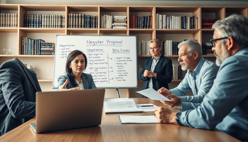 A professional negotiation setting depicting a diverse group of people engaged in a collaborative discussion around a conference table. In the foreground, a middle-aged woman in business attire is gesturing toward a detailed budget proposal displayed on a laptop. A younger man takes notes, while an older man points out key figures on a printed document. In the middle, a large whiteboard lists negotiation strategies and BPC options. The background features shelves filled with books related to interdisciplinary studies, with soft, focused lighting highlighting the discussions. The atmosphere is intense yet cooperative, emphasizing a sense of urgency and professionalism. The angle is slightly above eye level, capturing both the participants' expressions and the materials central to their negotiation. Soft, natural lighting adds warmth to the scene, symbolizing collaboration and progress.