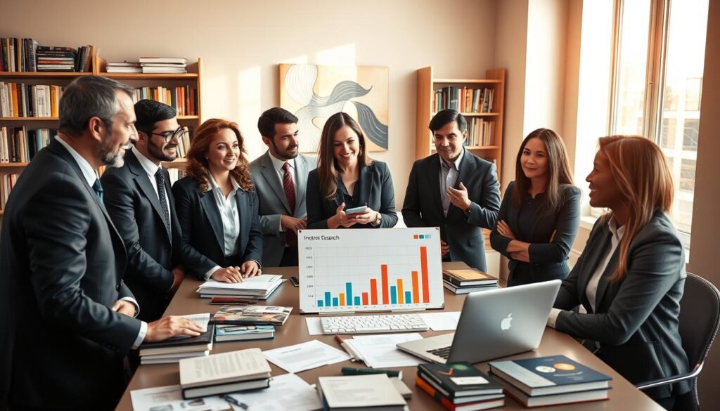 A professional research environment featuring a diverse group of scholars in business attire, engaged in a lively discussion around a large table scattered with interdisciplinary academic books and a laptop displaying charts. In the foreground, a confident woman gestures towards a visual graph that represents the impact of their research, illustrating how to effectively communicate this to tenure committees. The middle ground captures her colleagues, a mix of men and women of various ethnicities, thoughtfully listening and taking notes. The background shows a well-lit, modern academic office with bookshelves filled with books, an inspiring art piece, and a window revealing a bright, sunny day outside. The atmosphere is collaborative and focused, with warm light enhancing the sense of innovation and professional growth. A professional research environment featuring a diverse group of scholars in business attire, engaged in a lively discussion around a large table scattered with interdisciplinary academic books and a laptop displaying charts. In the foreground, a confident woman gestures towards a visual graph that represents the impact of their research, illustrating how to effectively communicate this to tenure committees. The middle ground captures her colleagues, a mix of men and women of various ethnicities, thoughtfully listening and taking notes. The background shows a well-lit, modern academic office with bookshelves filled with books, an inspiring art piece, and a window revealing a bright, sunny day outside. The atmosphere is collaborative and focused, with warm light enhancing the sense of innovation and professional growth.