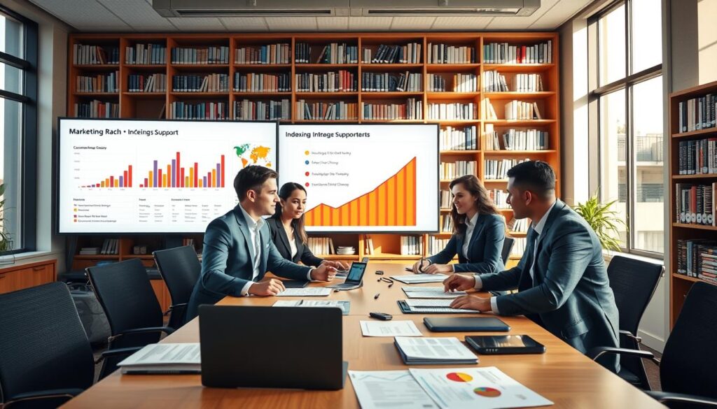 A vibrant, professional office environment focused on publishing and marketing. In the foreground, a diverse group of three professionals in smart business attire discuss strategies around a large conference table filled with charts, documents, and digital devices. In the middle ground, large screens display colorful graphs representing marketing reach and indexing support metrics. In the background, shelves filled with neatly arranged books and research materials underline the academic aspect. Natural lighting streams through large windows, creating a warm, inviting atmosphere. A wide-angle perspective captures the dynamic interaction, emphasizing collaboration and productivity, while maintaining a polished, corporate feel.