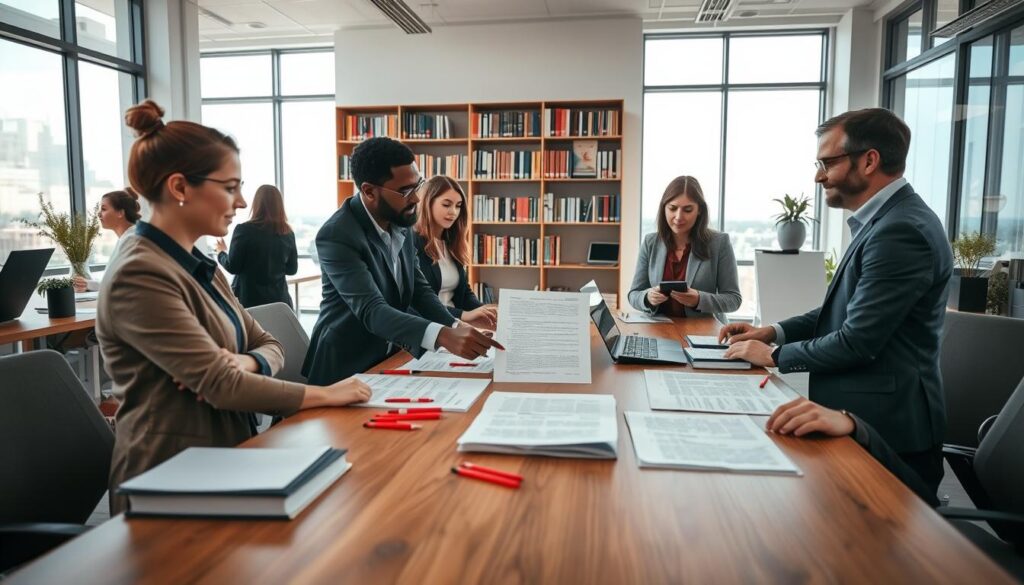 A brightly lit modern office space with large windows, showcasing a professional atmosphere dedicated to academic publishing. In the foreground, a group of diverse professionals, dressed in business casual attire, are gathered around a large wooden table filled with printed typeset proofs and red pens for editing. One individual is pointing out corrections on a proof, while others are engaged in discussion, examining the details with focused expressions. In the middle ground, shelves lined with books and publication materials create a scholarly backdrop, emphasizing the production process. The background features a bright, inviting sky outside, suggesting progress and possibility. Use soft natural lighting to enhance the collaborative mood, with a wide-angle lens perspective to capture the essence of teamwork in academic publishing.