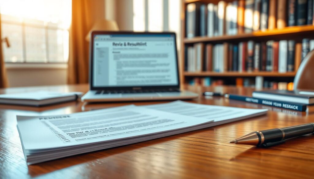 A detailed and professional workspace scene featuring a "revise and resubmit response memo" on a polished wooden desk. In the foreground, a close-up of the memo, with neatly aligned bullet points and a pen beside it, conveying organization and clarity. The middle layer includes an open laptop displaying a peer review document, emphasizing the connection between the memo and digital research. The background shows a bookshelf filled with academic books, softly blurred to keep focus on the memo. Warm, natural light streams through a nearby window, casting gentle shadows and creating an inviting atmosphere. The overall mood is focused and productive, ideal for crafting thoughtful responses to feedback.