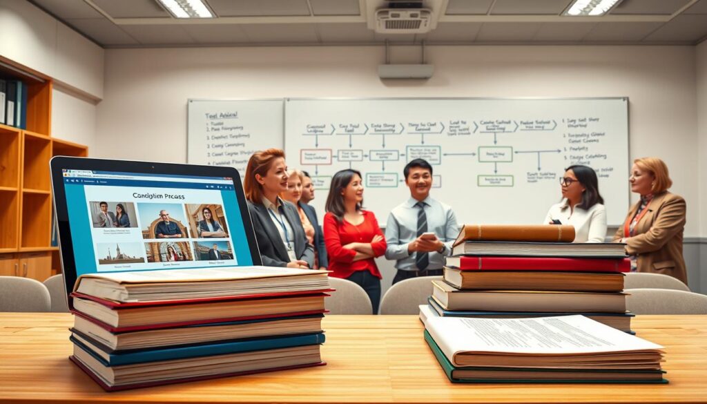A detailed illustration of the course adoption process for academic books, set in a well-lit, modern classroom environment. In the foreground, a stack of academic books is displayed prominently alongside a laptop open to teaching slides. Beside it, a set of ancillary files is organized neatly. In the middle ground, a diverse group of educators, dressed in professional attire, engage in discussions while reviewing the materials. The atmosphere is focused and collaborative, with bright overhead lighting highlighting the scene. In the background, a whiteboard displays a flowchart representing the adoption process, creating an informative and engaging setting. The perspective is slightly elevated, capturing both the educators’ expressions and the materials, conveying a sense of purpose and academic enthusiasm.