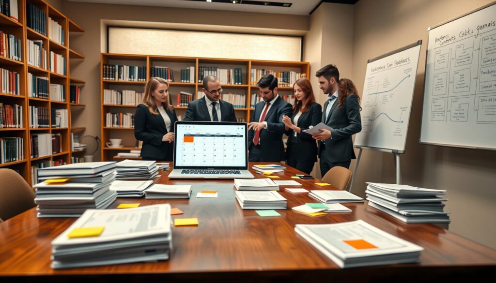 A modern office environment with a polished wooden table in the foreground, cluttered with stacks of academic manuscripts and colorful sticky notes. In the middle, a diverse group of professionals in smart business attire collaborate, reviewing documents and discussing timelines. One person points at a laptop displaying a digital calendar, illustrating a delivery schedule. The background features bookshelves filled with scholarly texts, a large window letting in soft natural light that creates a warm atmosphere, and a whiteboard with diagrams and timelines sketched out. The scene conveys a sense of urgency and teamwork, focusing on the meticulous nature of academic publishing contracts and manuscript delivery processes. The camera angle is slightly high, capturing the group’s interactions and the dynamic workspace.