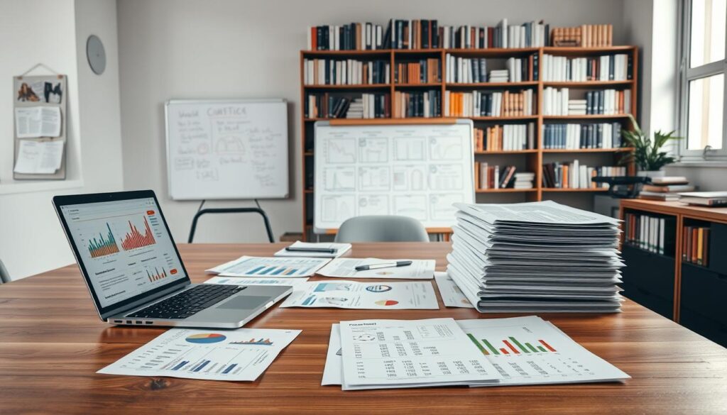 A modern office workspace showcasing an array of academic publishing materials. In the foreground, a large wooden desk with an open laptop displaying graphs and data tables on the screen. To the side, an assortment of colorful, neatly arranged figures and tables printed on high-quality paper, highlighting details like captions and data annotations. The middle ground features a wall-mounted whiteboard filled with notes and sketches, conveying the planning process. In the background, bookshelves filled with academic texts and journals create a scholarly atmosphere. Soft, natural light filters in through a window, casting a warm glow, enhancing the professional, focused mood of the scene. The overall composition emphasizes meticulous organization, accessibility, and clarity in academic publishing.