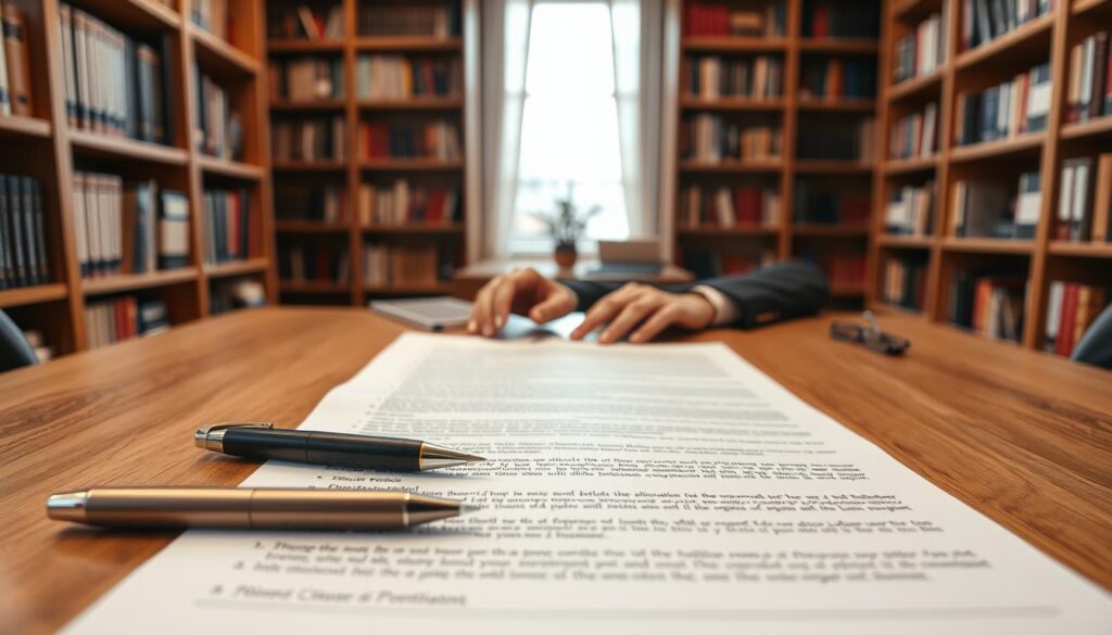 A professional business environment showcasing an open publishing contract on a sleek wooden desk. In the foreground, a pen rests beside the contract, with specific clauses highlighted. The middle ground features a pair of hands, dressed in business attire, thoughtfully examining the document. In the background, a well-lit office space with bookshelves filled with publishing-related materials creates a scholarly atmosphere. Soft, warm lighting illuminates the scene, enhancing the serious yet inviting mood. The camera angle is slightly angled down, focusing on the contract to emphasize its importance. The overall tone conveys a sense of professionalism and care in the negotiation of contractual details, particularly regarding options and non-compete clauses.