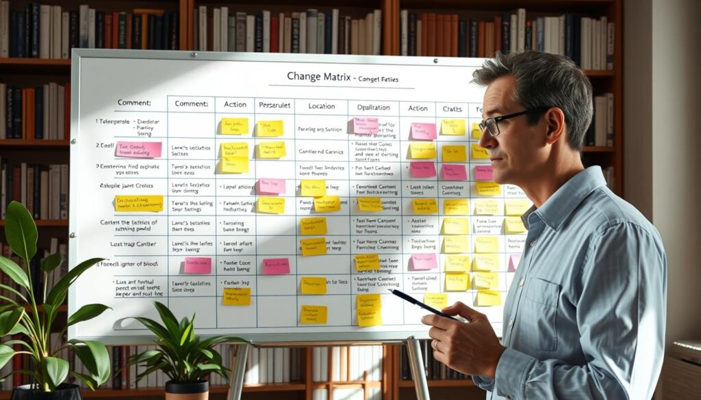 A professional workspace featuring a large, detailed change matrix displayed prominently on a sleek whiteboard. The matrix should have clear columns labeled "Comment," "Action," and "Location," filled with colorful sticky notes indicating various reviewer comments, proposed actions, and targeted sections of a manuscript. In the foreground, a well-dressed individual, a middle-aged writer with glasses, thoughtfully analyzes the matrix, holding a pen in hand. The background includes bookshelves filled with academic texts and a potted plant to add a touch of greenery. Soft, natural lighting from a nearby window bathes the scene, creating a focus on the matrix. The atmosphere is one of concentration and clarity, highlighting the process of refinement and collaboration in academic writing.