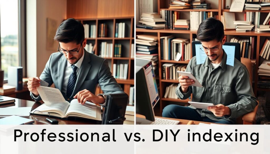 A split-screen image contrasting professional indexing versus DIY indexing. On the left, a well-dressed professional at a sleek desk, examining a detailed book index on a digital tablet, surrounded by organized notes and books. Warm, soft lighting highlights the focus and sophistication of the scene. On the right, a casual individual in modest clothing, surrounded by scattered papers and a notepad, with a computer displaying a simplistic index layout, working earnestly but appearing slightly overwhelmed. The background features a bookshelf with both well-organized and cluttered elements to emphasize the difference in styles. The atmosphere is one of diligence and creativity, capturing the essence of both indexing methods.