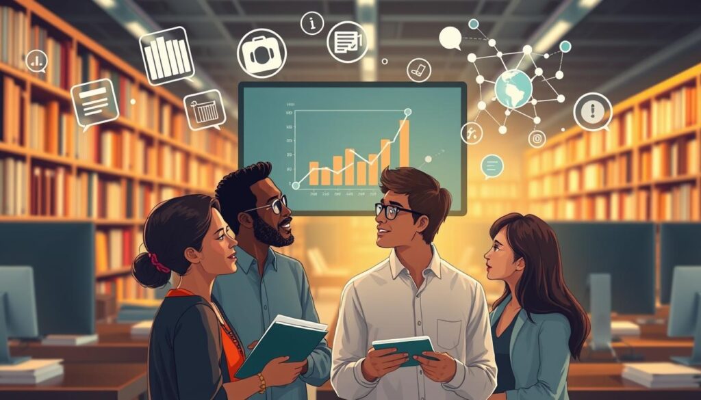 A vibrant illustration depicting the themes of academic impact and discoverability. In the foreground, a diverse group of scholars, including a Caucasian woman, an African American man, and an Asian woman, are engaged in a lively discussion, surrounded by floating icons representing citations, downloads, course usage, and media engagement. The middle ground features a digital screen displaying graphs and interconnected nodes symbolizing online visibility. In the background, a library filled with books and computers, bathed in soft, warm lighting, creates a scholarly atmosphere. The lens captures a slight depth of field to emphasize the academic discussions while blurring the library slightly, enhancing focus. The overall mood is one of collaboration and intellectual excitement, embodying the future of accessible knowledge sharing.