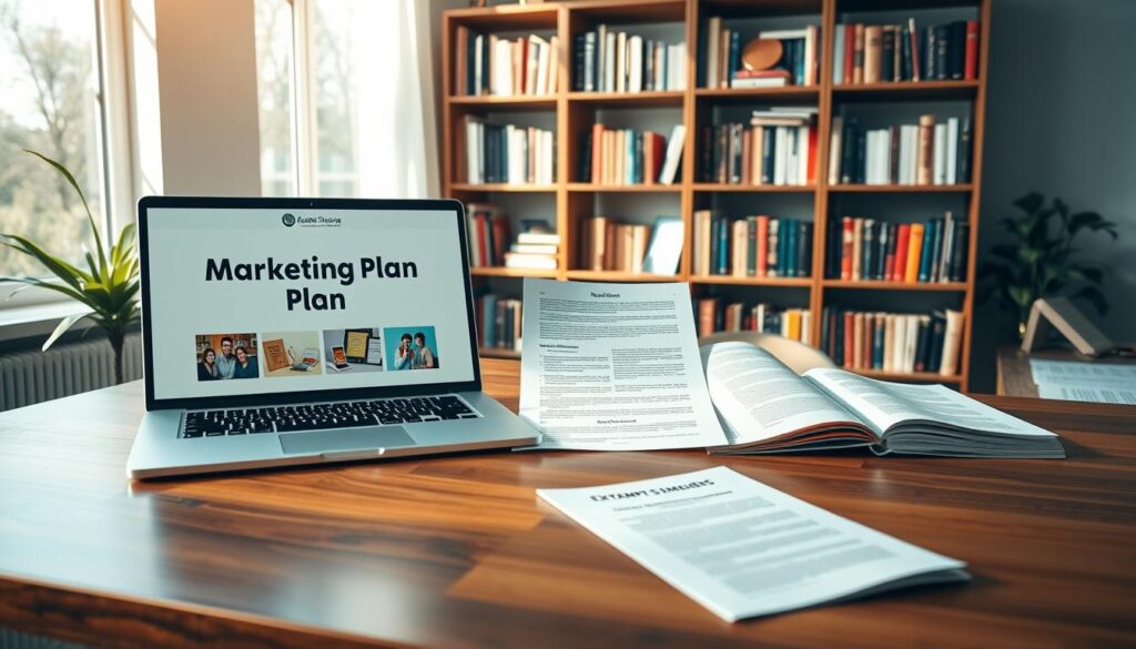 A visually appealing workspace featuring a diverse collection of marketing plan assets for an academic book launch. In the foreground, a polished wooden desk holds a slide deck on a laptop, a vibrant one-pager printed on quality paper, a detailed sample syllabus, and an excerpt document neatly arranged. The middle ground showcases an inviting bookshelf filled with scholarly texts and marketing guides, hinting at a professional environment. The background includes soft, natural lighting filtering through a large window, casting gentle shadows. A minimalistic, sophisticated aesthetic enhances the mood, conveying a sense of organization and professionalism. The overall atmosphere is inspiring and focused, ideal for an educational marketing strategy session, with no people present in the scene.