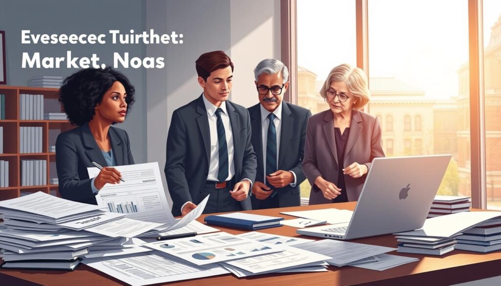 A visually engaging and informative illustration depicting evidence of market need for an academic book proposal. In the foreground, a well-organized desk cluttered with academic papers, charts, and a laptop displaying curriculum outlines. The middle layer features a diverse group of professional individuals in business attire, discussing and analyzing the materials – a middle-aged Black woman, a young Hispanic man, and an elderly Caucasian woman, all deeply engaged in conversation. In the background, a large window letting in soft, natural light, revealing a university campus landscape. The overall mood is one of collaboration and intellectual curiosity, with a focus on the importance of course adoption and practitioner needs. The composition is balanced and inviting, emphasizing professionalism and scholarly dialogue. A visually engaging and informative illustration depicting evidence of market need for an academic book proposal. In the foreground, a well-organized desk cluttered with academic papers, charts, and a laptop displaying curriculum outlines. The middle layer features a diverse group of professional individuals in business attire, discussing and analyzing the materials – a middle-aged Black woman, a young Hispanic man, and an elderly Caucasian woman, all deeply engaged in conversation. In the background, a large window letting in soft, natural light, revealing a university campus landscape. The overall mood is one of collaboration and intellectual curiosity, with a focus on the importance of course adoption and practitioner needs. The composition is balanced and inviting, emphasizing professionalism and scholarly dialogue.