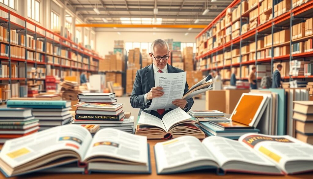 A visually engaging illustration of traditional publishing distribution. In the foreground, a table filled with open books and printed academic journals, showcasing colorful covers and graphics. The middle ground features an academic in professional business attire, reviewing a stack of contracts and financial reports, representing advances and royalties. In the background, a large distribution center, filled with shelves of books and staff members organizing print channels, conveys the sales expectations of traditional publishing. Soft, natural lighting filters in through windows, highlighting the professionalism of the scene. The overall atmosphere is one of focused productivity, emphasizing the structured nature of traditional publishing. Capture this in a realistic, detailed style, with a slight depth-of-field effect to give emphasis on the foreground elements.