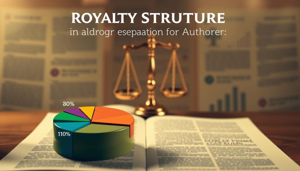 A visually striking infographic depicting royalty structures for authors. In the foreground, illustrate a detailed pie chart showing percentages for print, ebook, and subsidiary rights, each section labeled with distinct colors. In the middle ground, include an elegantly designed scale balancing different royalty percentages, symbolizing escalators. The background should be adorned with subtle textures like paper and digital elements to represent traditional and modern publishing. Soft, warm lighting creates an inviting atmosphere, while focusing on clarity and professionalism. Use a slightly elevated angle to give depth, and ensure no text overlays or distractions, maintaining a polished, informative look suitable for a professional article.