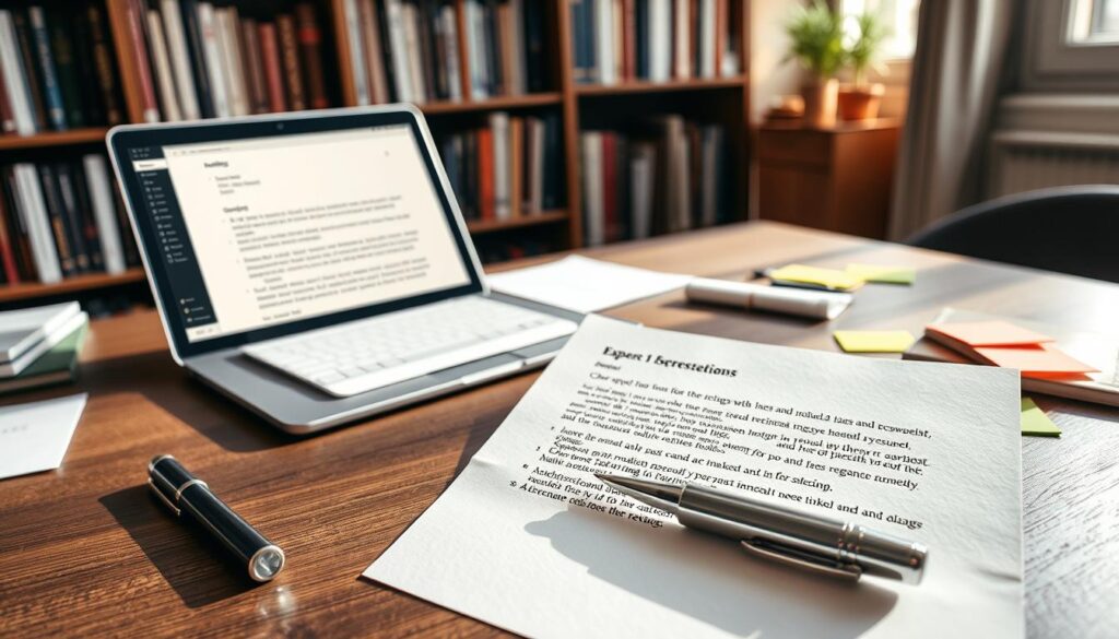 A well-organized desk with a response letter prominently displayed in the foreground, written on elegant stationery. The letter is neatly formatted, with clear citations of pages and lines marked, using headings that evoke an appreciative tone. Beside the letter, a polished pen rests on the desk, and there are colorful sticky notes with jotted ideas. In the middle ground, an open laptop shows a screen with a partially visible draft of a revision plan. The background features a bookshelf filled with academic texts, creating a scholarly atmosphere. Soft, natural light filters through a nearby window, casting gentle shadows, while a calm and focused ambiance permeates the scene, suggesting professionalism and thoughtfulness.
