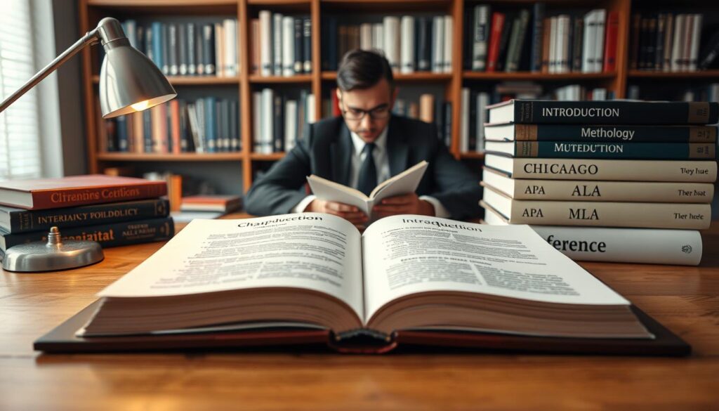 An academic manuscript setup reflecting structure and style for citations. Foreground features a neatly arranged wooden desk with an open academic manuscript, showcasing organized chapters with headers like “Introduction,” “Methodology,” and “References.” Nearby, a stack of books representing various citation styles—Chicago, APA, and MLA—each with their distinct cover designs. In the middle ground, a professional in business attire studies the manuscript, surrounded by soft lighting from a nearby desk lamp, creating a focused, scholarly atmosphere. The background includes a bookshelf filled with academic texts and journals, adding to the intellectual environment. The image captures a sense of diligence and refinement, inviting viewers into the world of academic publishing.