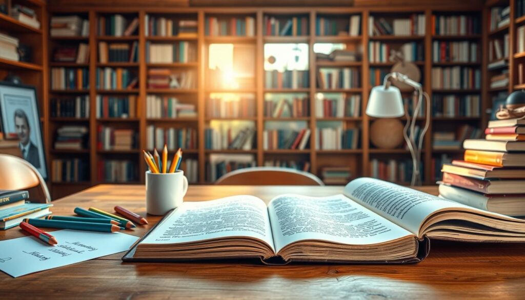 An artistic and inviting scene illustrates the process of writing a strong abstract and back-cover copy for a book. In the foreground, a stylish wooden desk features an open notebook with handwritten notes, surrounded by colorful pencils and a steaming cup of coffee. The middle layer showcases a large bookshelf filled with various books, some strategically placed to emphasize creativity and knowledge. In the background, a soft-focus window lets in warm morning sunlight, casting a gentle glow over the workspace. The atmosphere is calm and inspiring, evoking a sense of productivity and focus. The overall color palette includes warm, earthy tones with hints of blue to add depth and tranquility, inviting viewers to dive into the world of book marketing with enthusiasm.