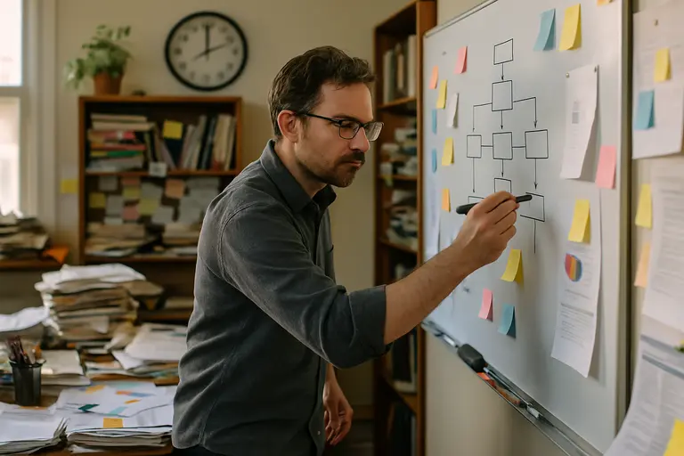 Author filing publishing records in labeled folders on a desk