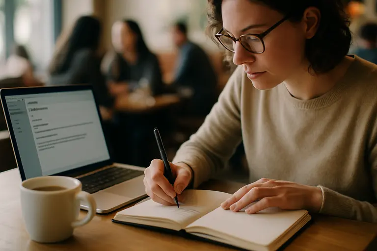 Author keeping notes beside a manuscript draft