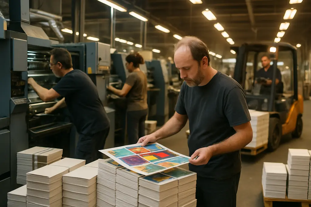 Book manufacturing trends shown through stacked books and a production schedule