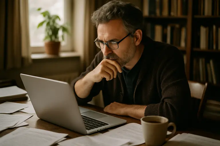 Researcher checking manuscript notes beside a laptop and printed draft