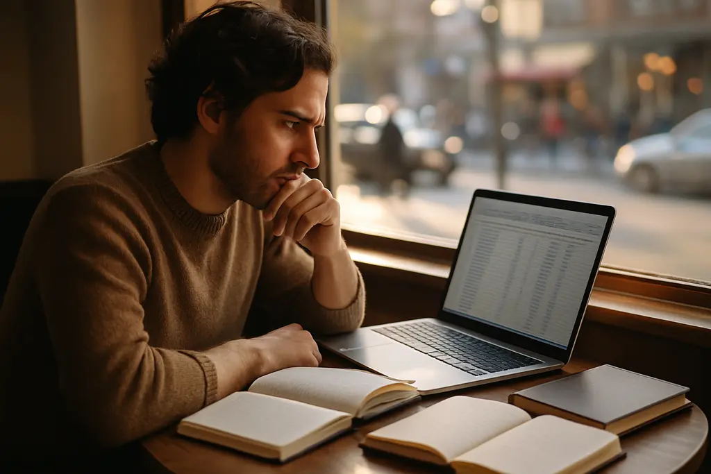 Author reviewing adult fiction revenue notes beside books and charts