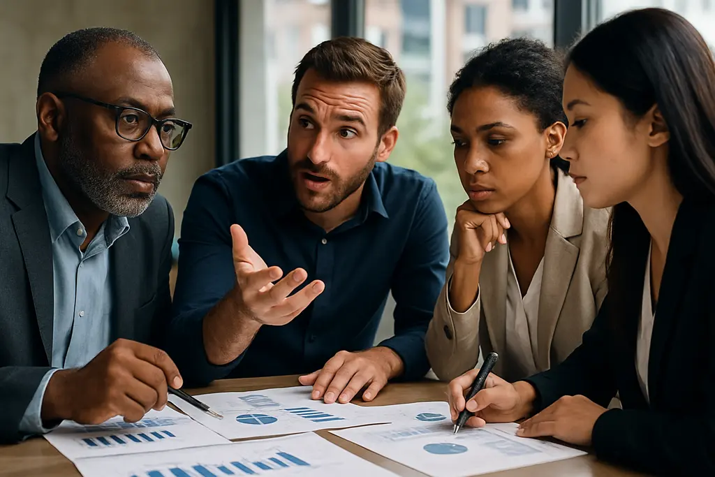 Author reviewing clear marketing metrics beside a proposal draft and sales notes