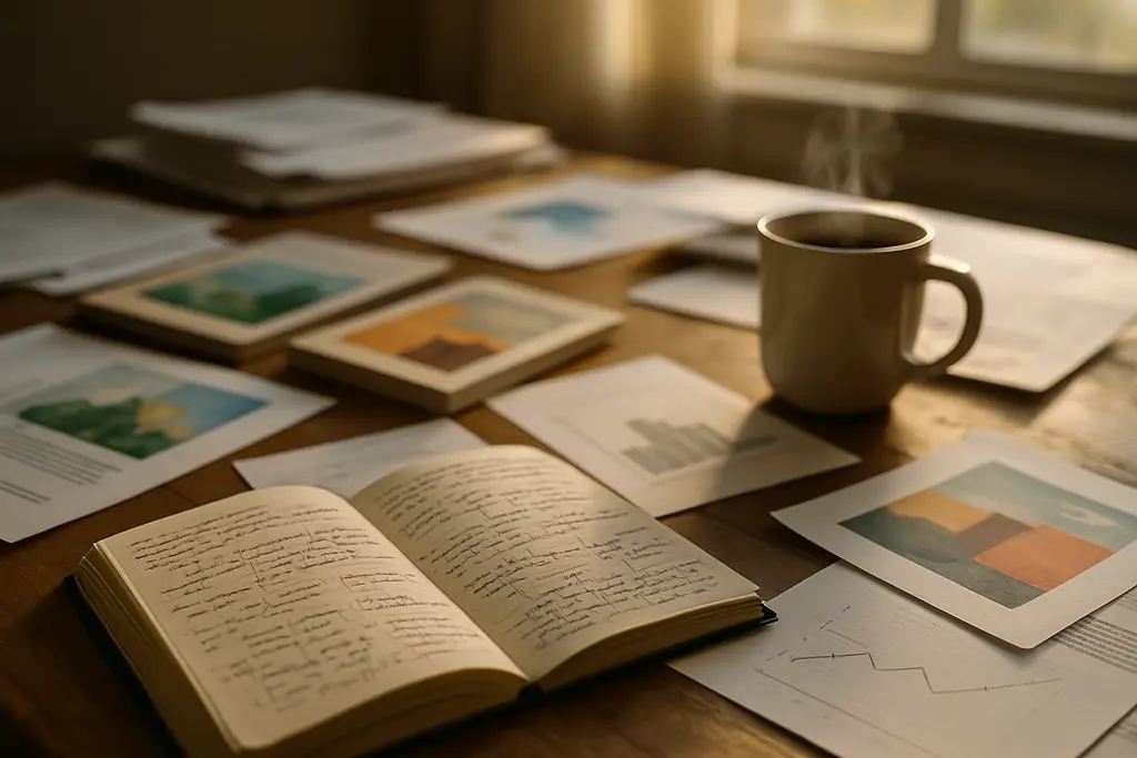 Author desk showing fragmented book discovery notes, proposal pages, and reader channel cards