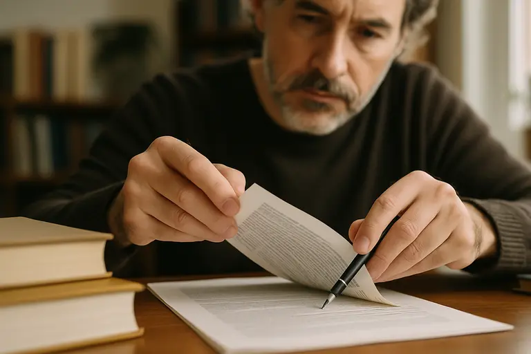 Publishing agreement draft beside a pen and marked manuscript pages