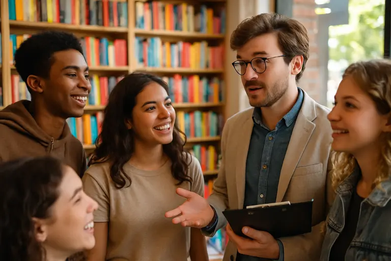 Young reader browsing print books near a library table with staff recommendations