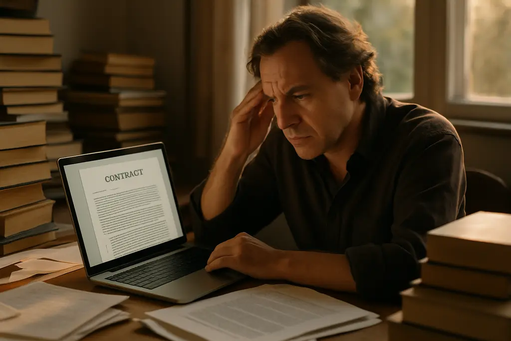 Author reviewing AI Publishing Clauses beside a marked manuscript