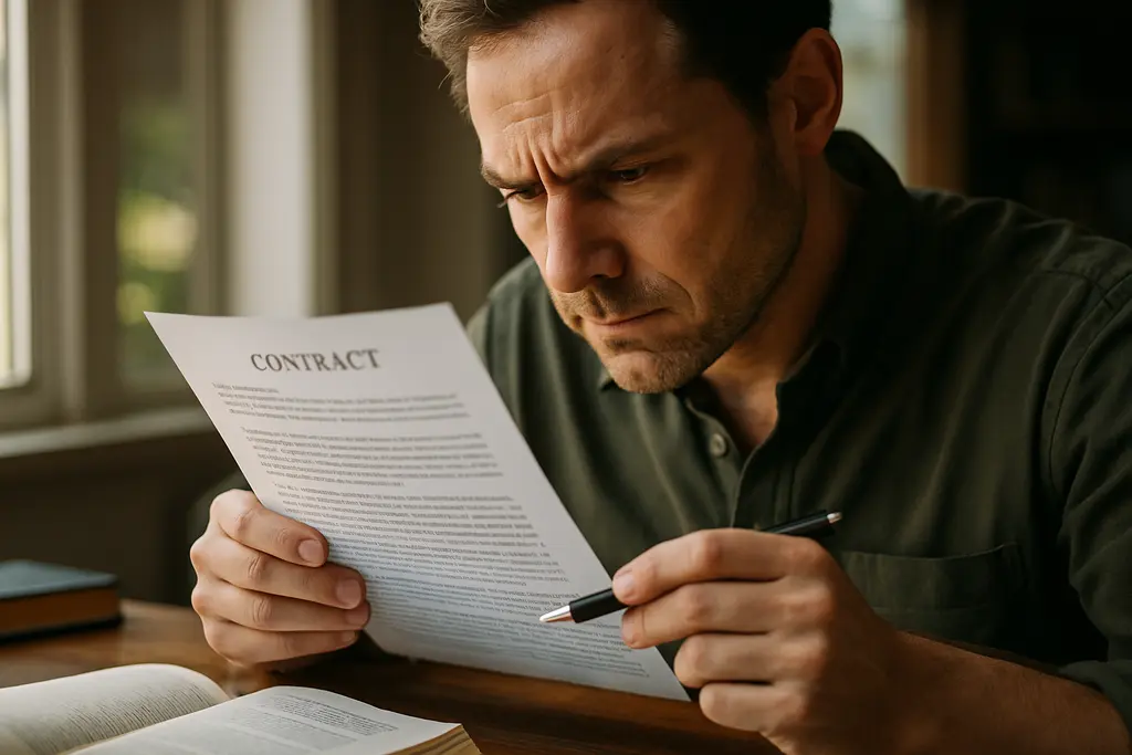 Author reviewing AI Publishing Contracts with marked clauses on a desk