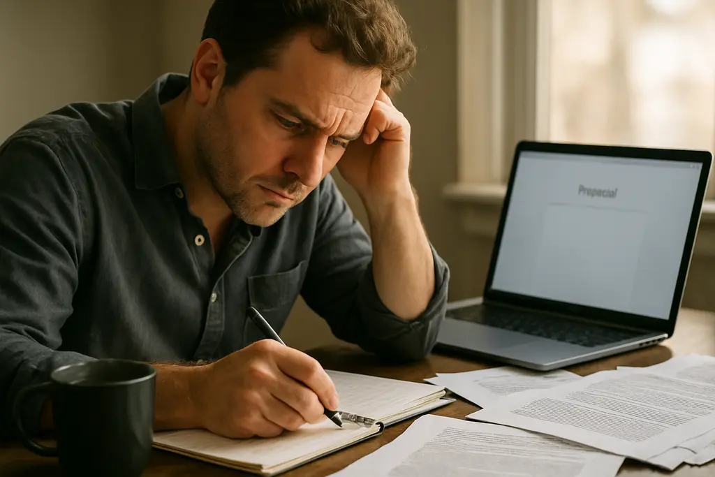 Author reviewing AI training rights notes beside a manuscript contract