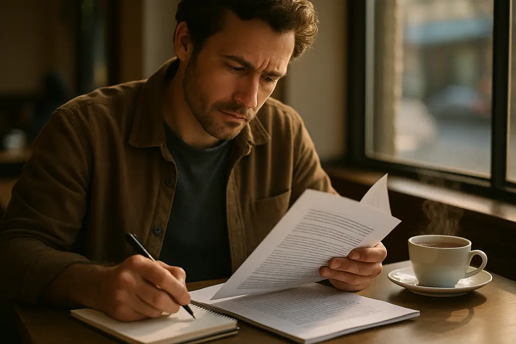 Author reviewing audiobook rights notes beside a manuscript and headphones