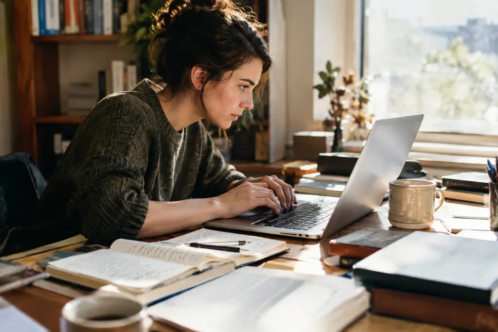 Author reviewing notes for Authentic Writing at a desk with marked pages