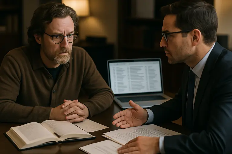 Author preparing contract questions beside a laptop