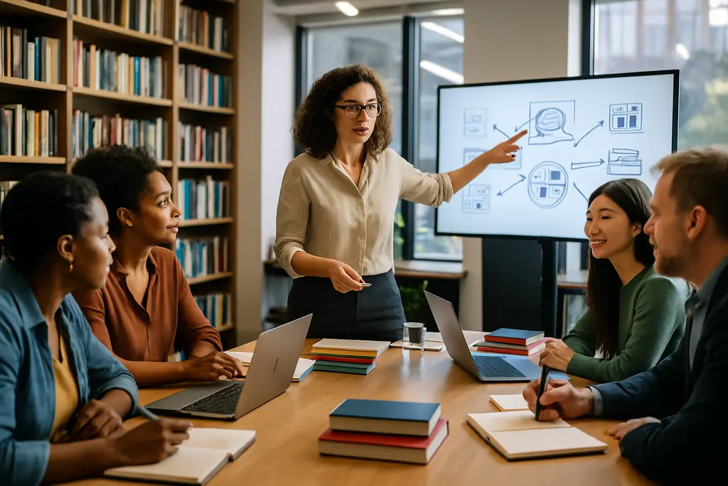Collaborative publishing team reviewing manuscript pages around a conference table