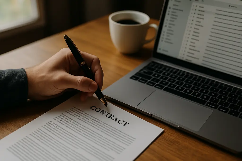 Author reviewing contract negotiations notes beside a marked manuscript