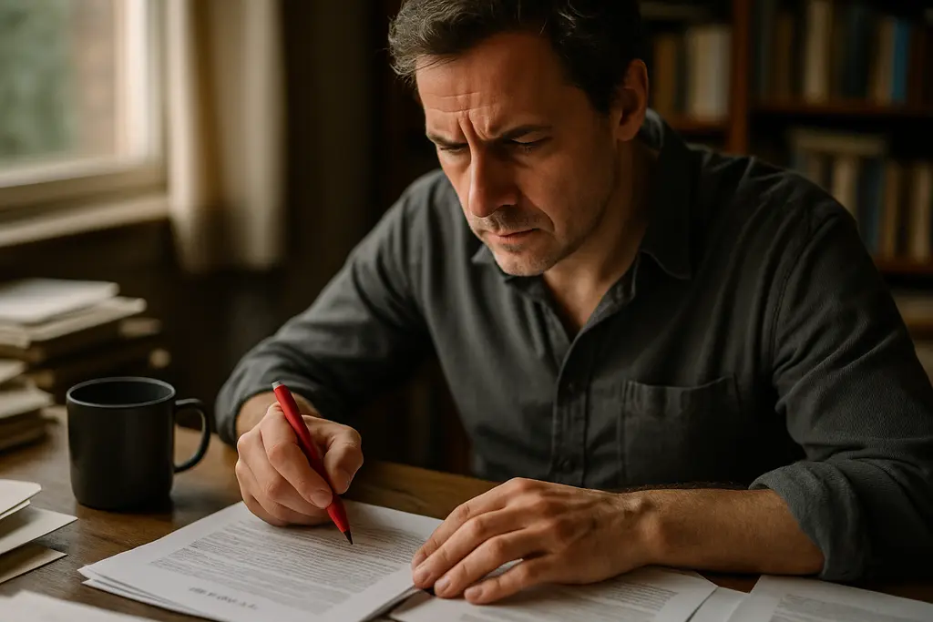 Author reviewing Option Clauses in a publishing contract at a desk
