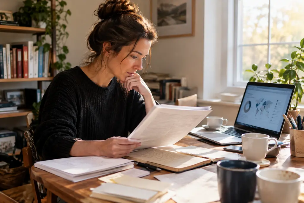 Author reviewing POD distribution changes with print cost notes and proposal pages