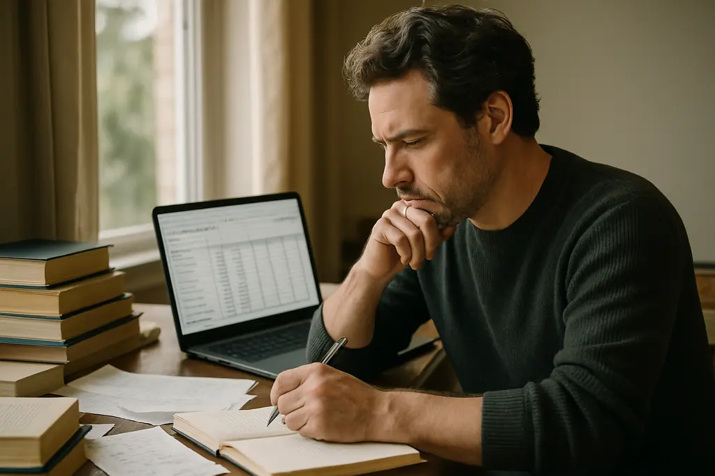 Author reviewing publisher salaries notes beside a marked manuscript