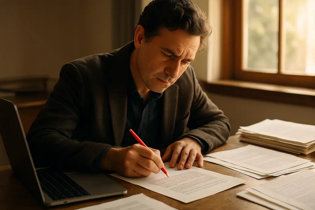 Publishing contract red-lines marked on printed pages beside a pen and notebook