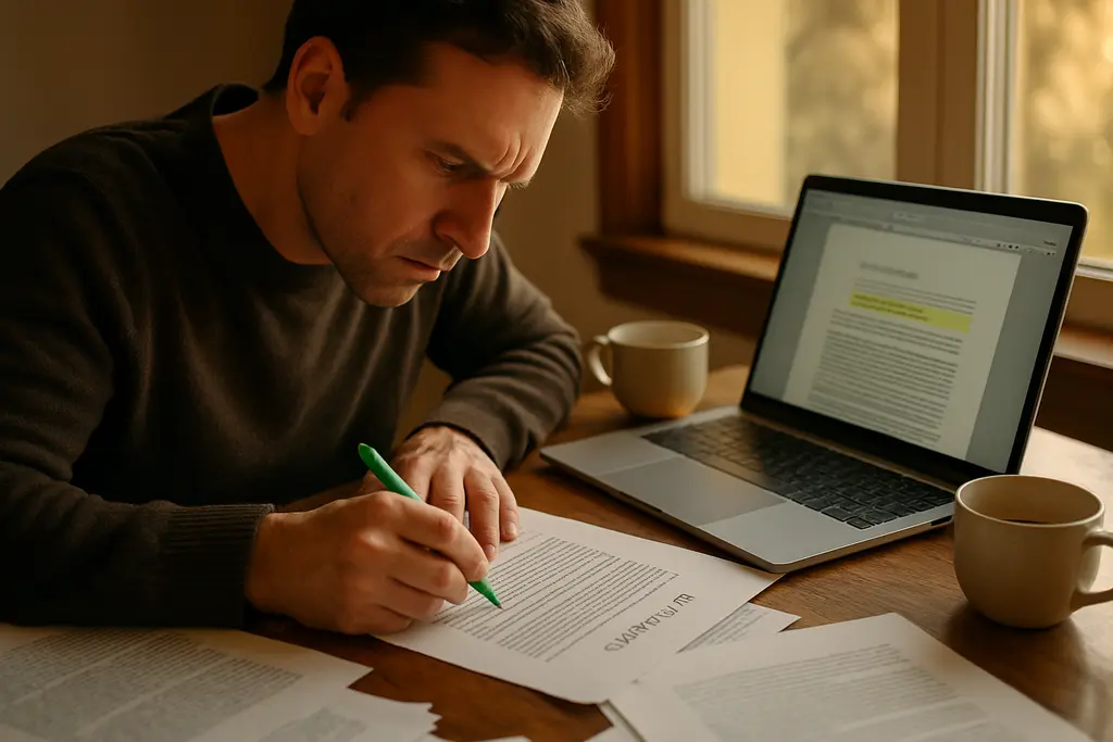 Author reviewing reversion clauses beside a marked publishing contract
