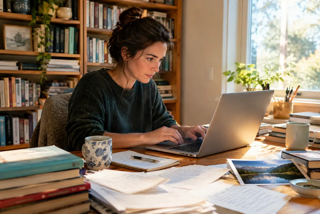 Author reviewing self-publishing updates on a laptop beside printed manuscript pages