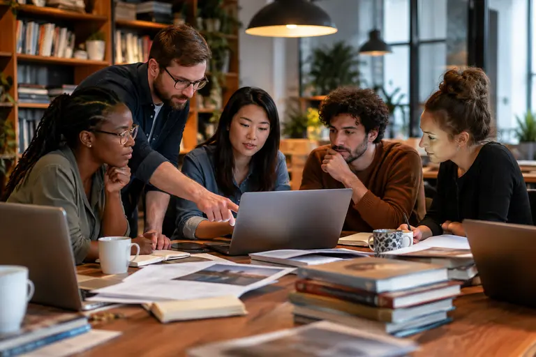 Small publishing team comparing notes around a table with books and documents